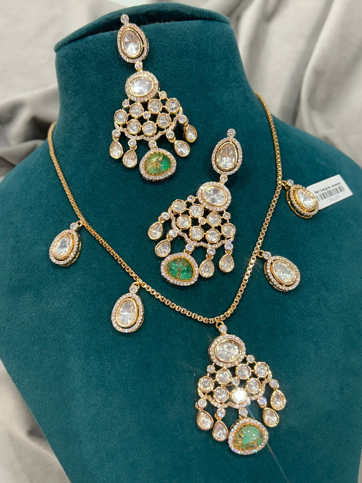 Emerald Accent Diamond Look Chandelier Necklace Set