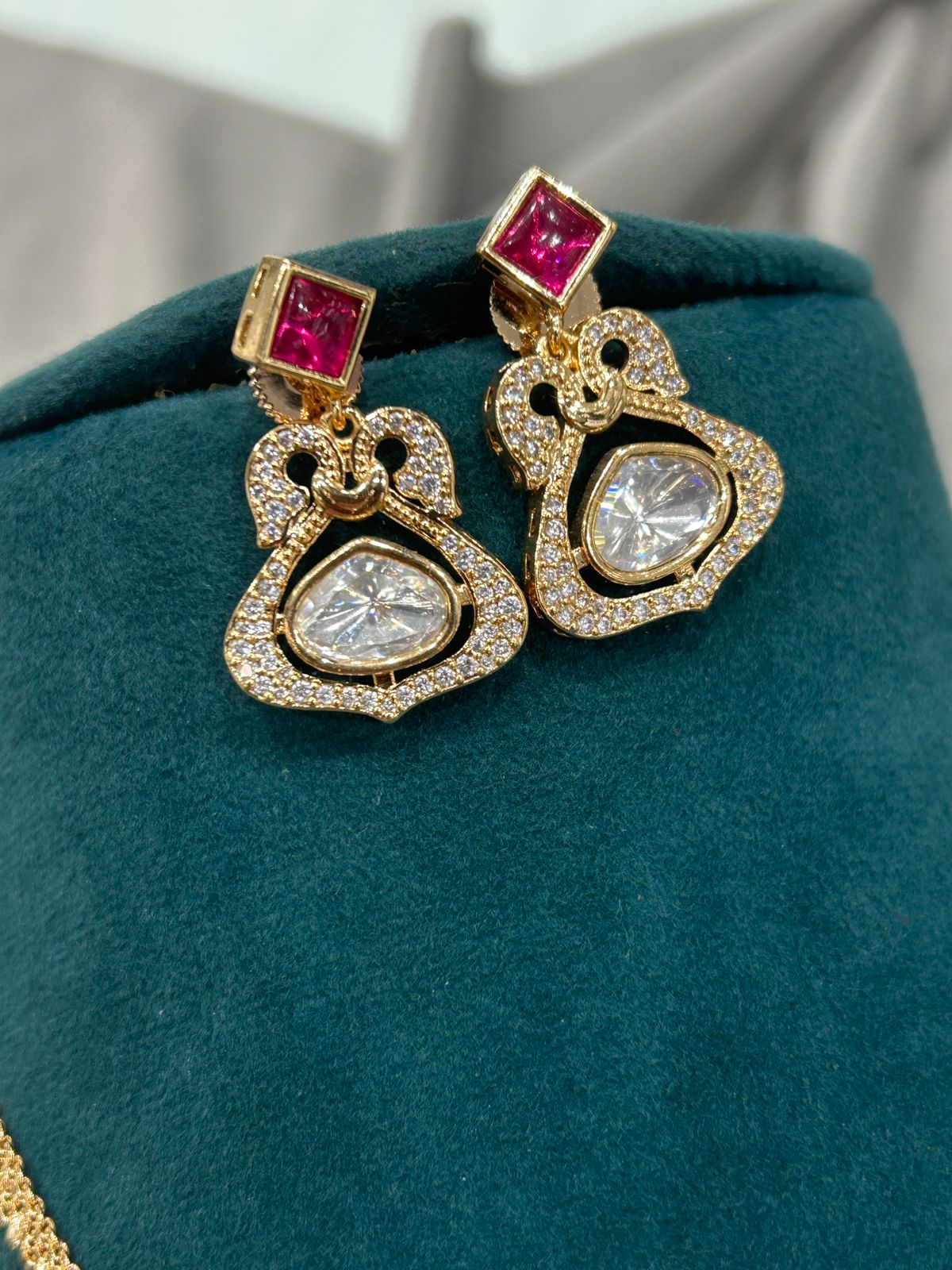 Square Cut Diamond Look Necklace Set with Ruby Accents