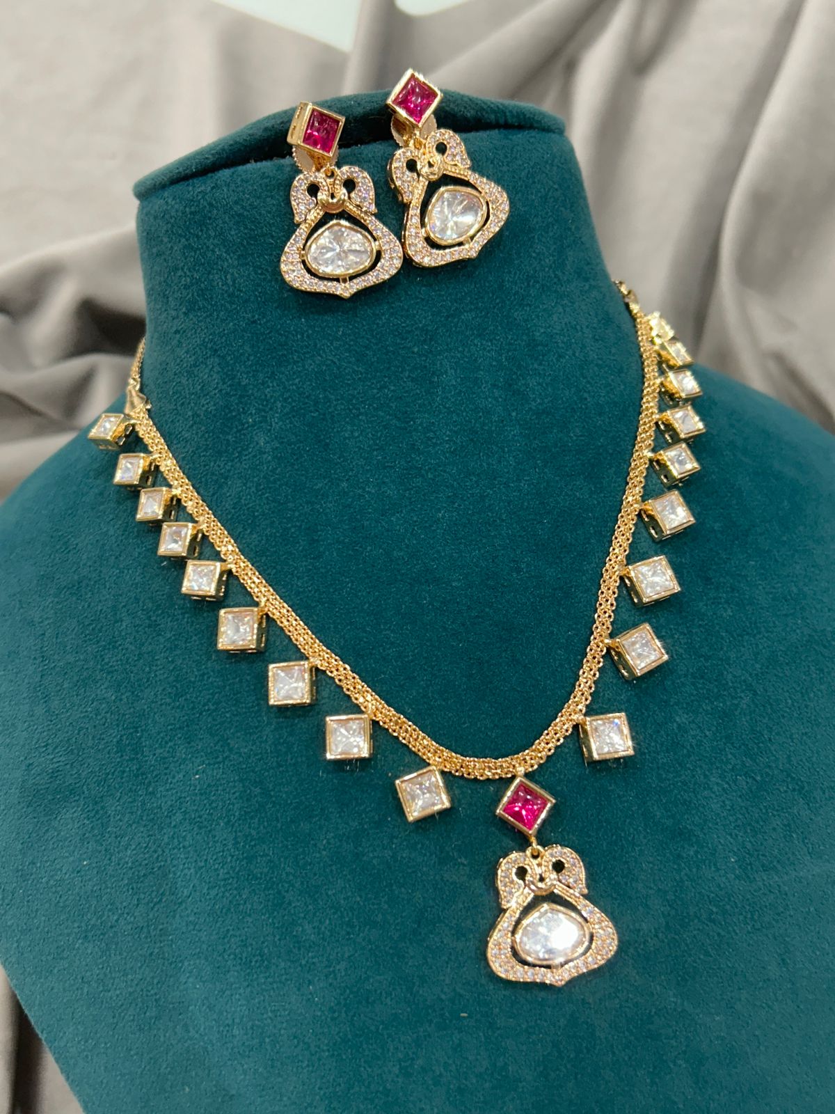 Square Cut Diamond Look Necklace Set with Ruby Accents
