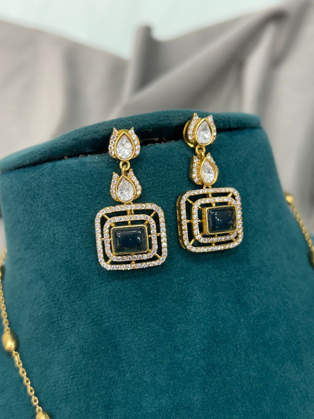 Royal Blue Stone Pendant Necklace Set with Diamond Accents