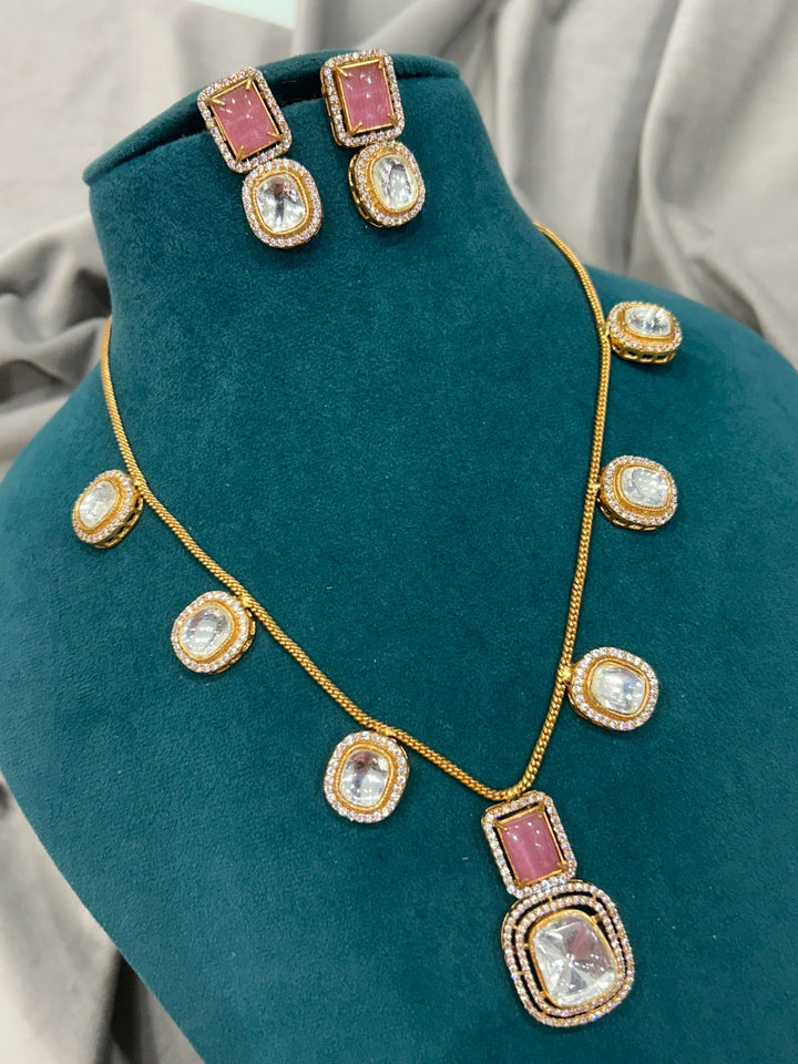 Pink & White Dual Stone Pendant Necklace Set