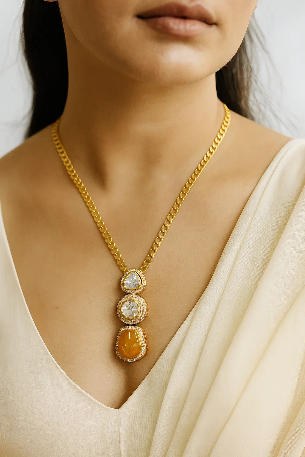 Gold Linked Chain Pendant Necklace Set with Dual-Tone Stones