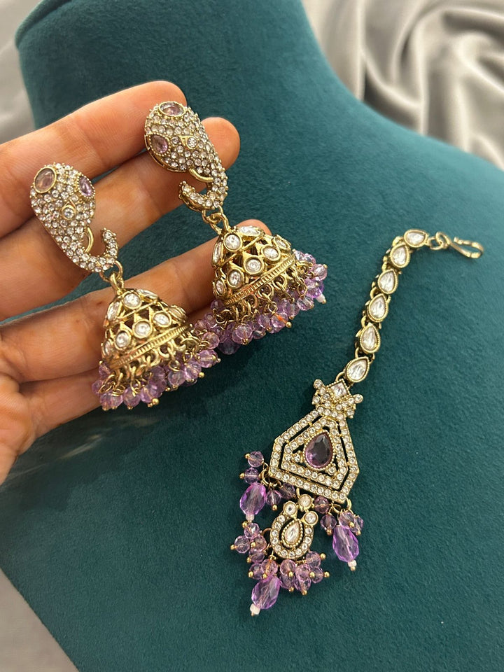 Royal Purple Kundan Choker Set with Jhumkas and Maang Tikka