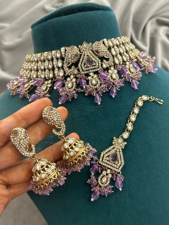 Royal Purple Kundan Choker Set with Jhumkas and Maang Tikka