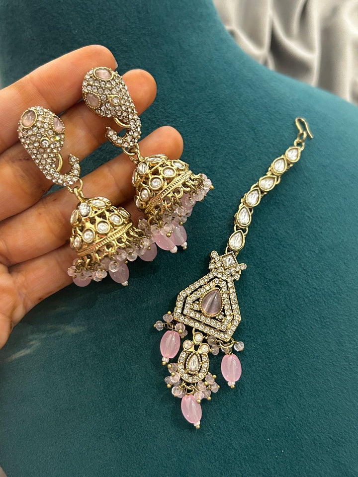 Baby Pink Kundan Choker Set with Jhumkas and Maang Tikka