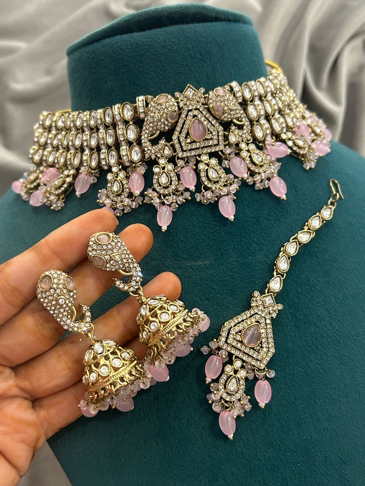 Baby Pink Kundan Choker Set with Jhumkas and Maang Tikka