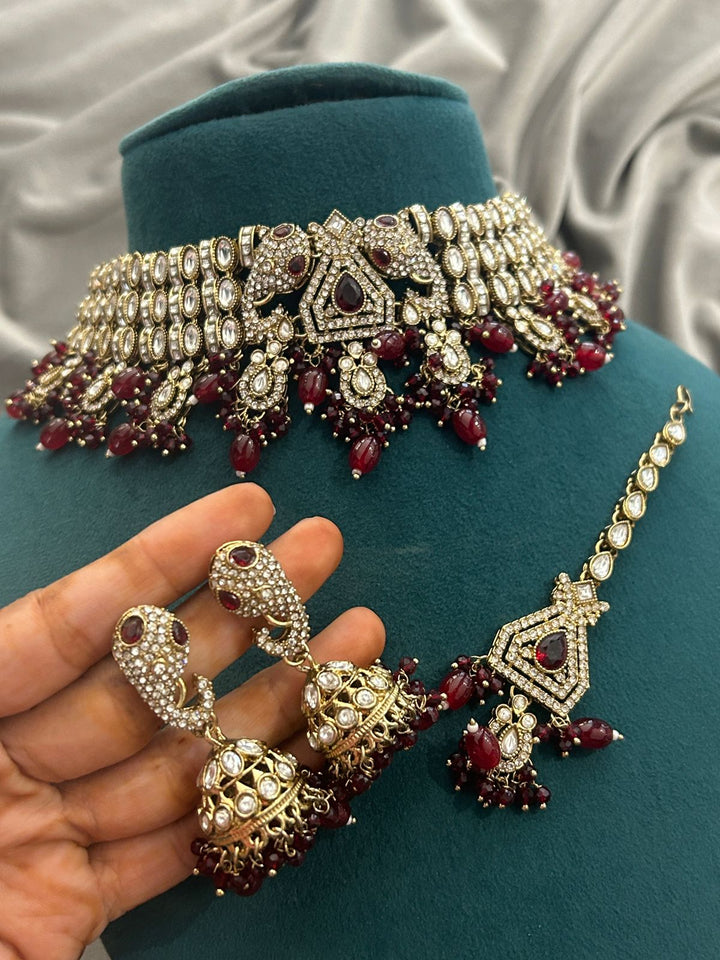 Royal Ruby Kundan Choker Set with Jhumkas and Maang Tikka