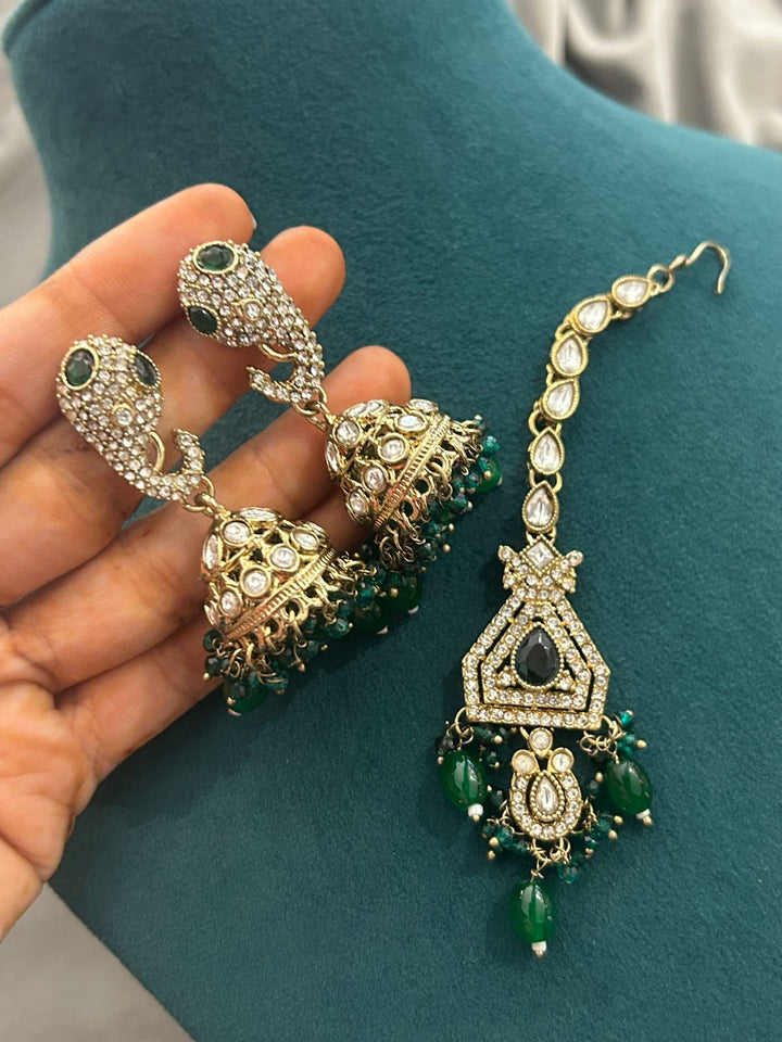 Emerald Green Kundan Choker Set with Jhumkas and Maang Tikka