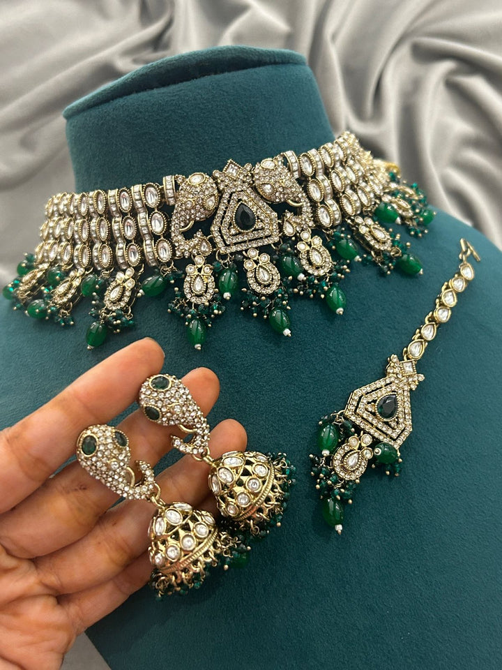 Emerald Green Kundan Choker Set with Jhumkas and Maang Tikka