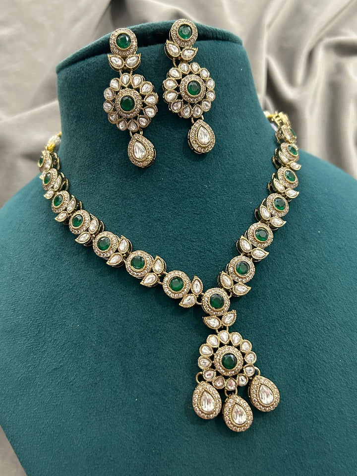 Emerald Green Stone Kundan Necklace Set with Earrings