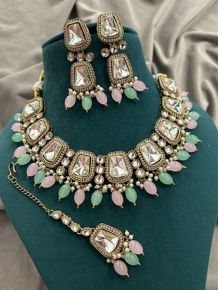 Pastel Pink & Green Kundan Choker Set with Maang Tikka and Earrings