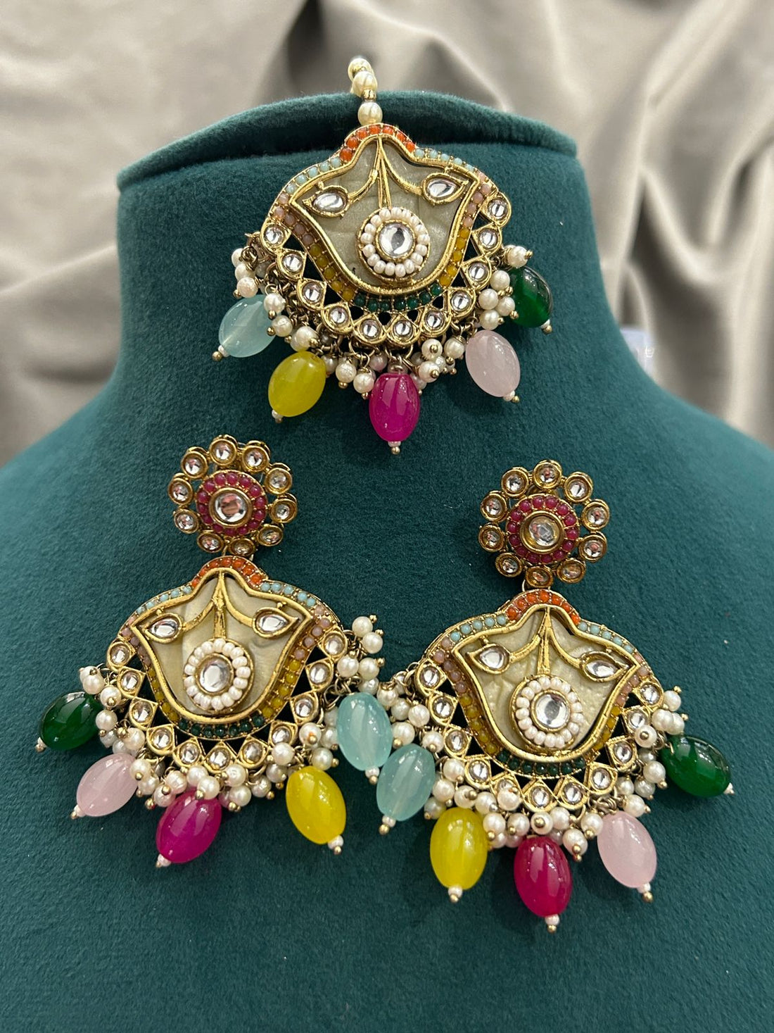 Multicolor Beaded Kundan Choker Set with Maang Tikka and Earrings
