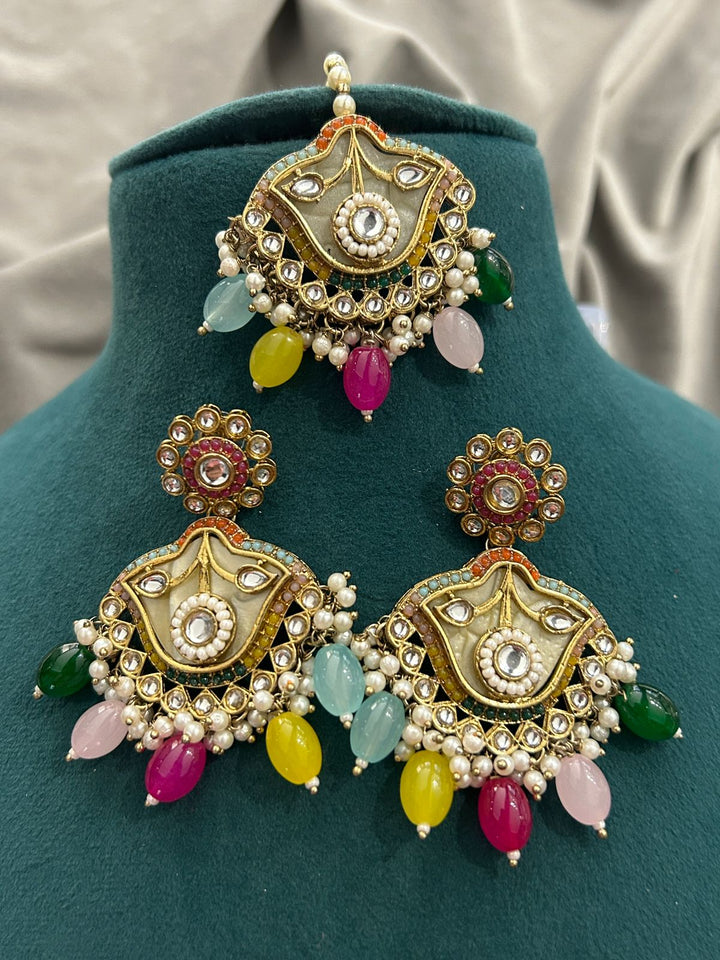 Multicolor Beaded Kundan Choker Set with Maang Tikka and Earrings