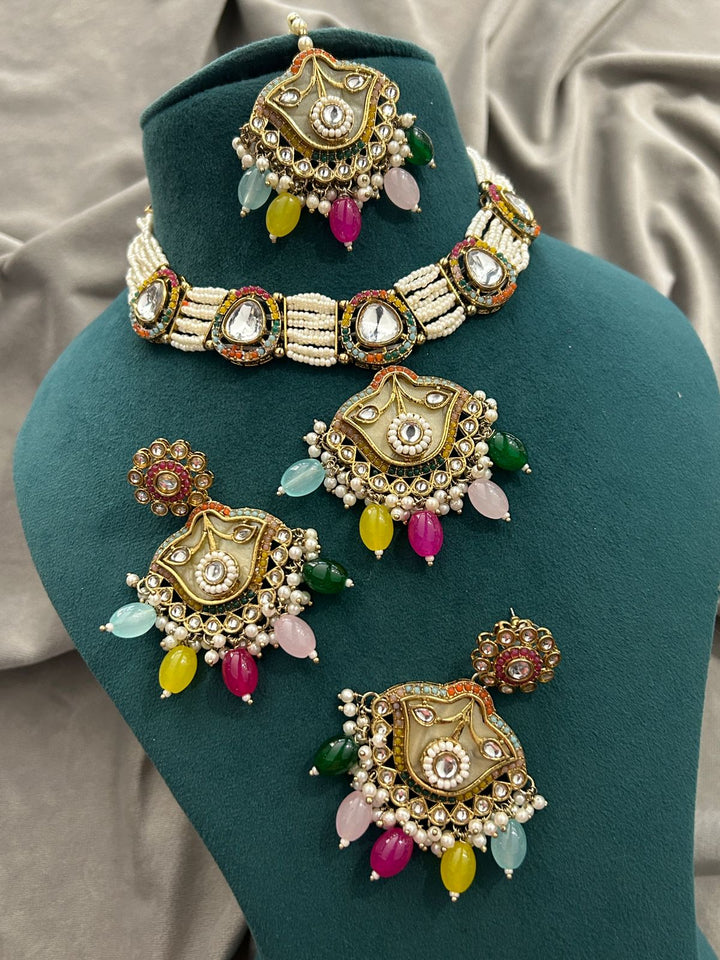 Multicolor Beaded Kundan Choker Set with Maang Tikka and Earrings