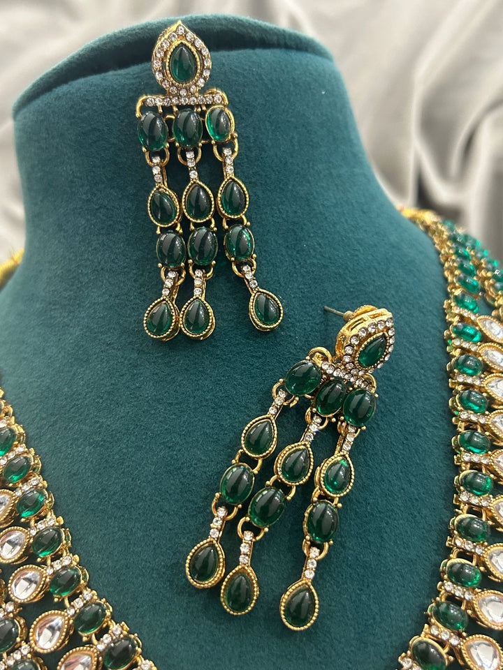 Emerald Green Kundan Necklace Set with Long Earrings