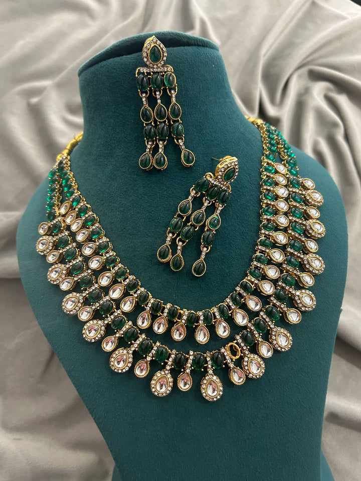 Emerald Green Kundan Necklace Set with Long Earrings