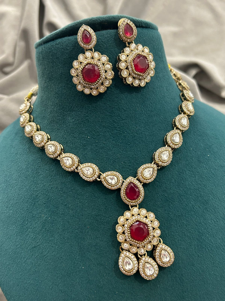 Ruby Stone Kundan Necklace Set with Pear Drop Design