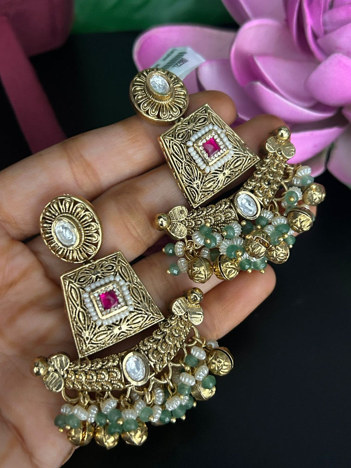 Antique Ruby Green Beaded Temple Earrings