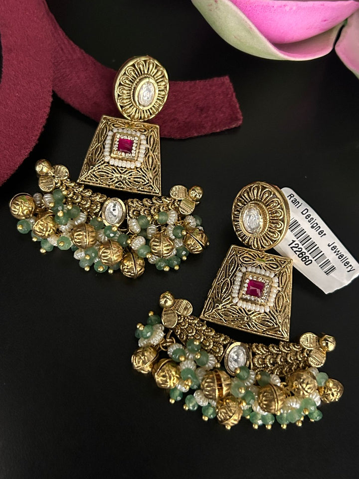 Antique Ruby Green Beaded Temple Earrings