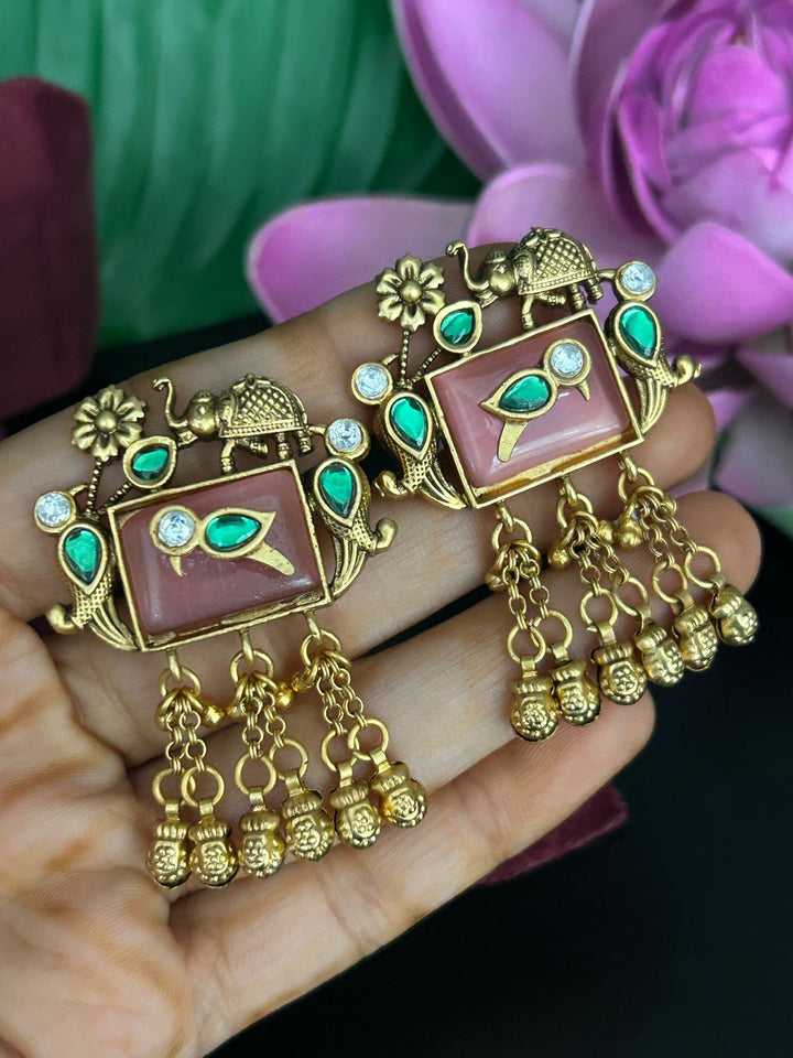 Antique Peacock Design Earrings with Pink Stone