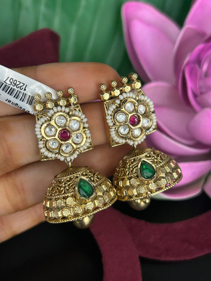 Antique Gold Jhumka Earrings with Ruby and Green Stone
