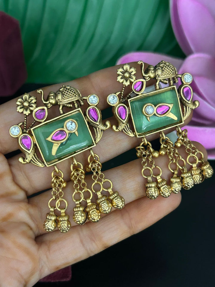 Antique Elephant & Bird Design Earrings with Green Stone Base