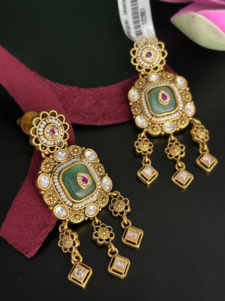 Antique Green and Ruby Stone Earrings with Floral Danglers