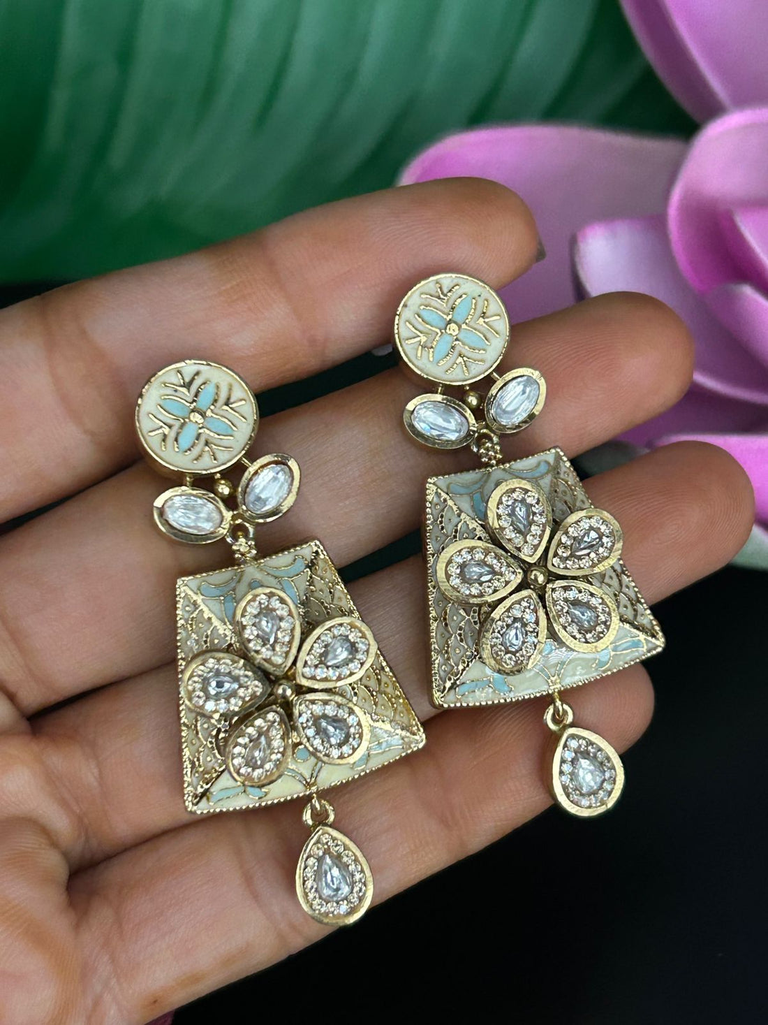 Pastel Enamel Floral Drop Earrings with Kundan Work