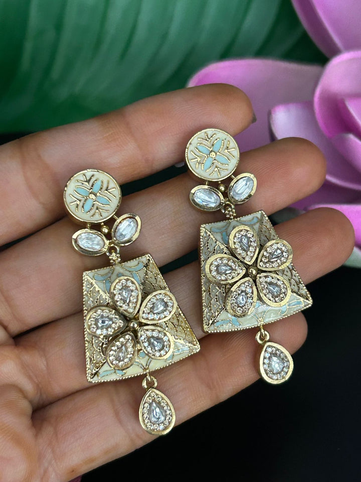 Pastel Enamel Floral Drop Earrings with Kundan Work