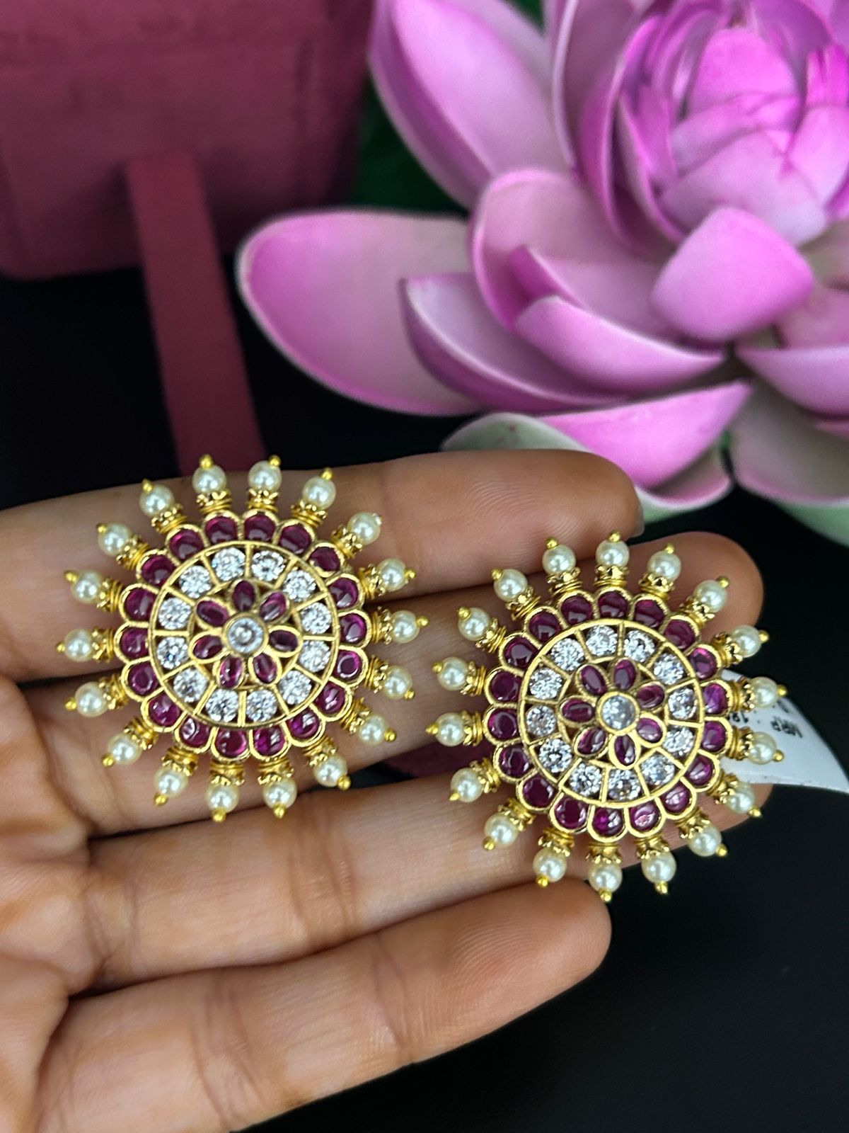 Ruby Pearl Floral Stud Earrings