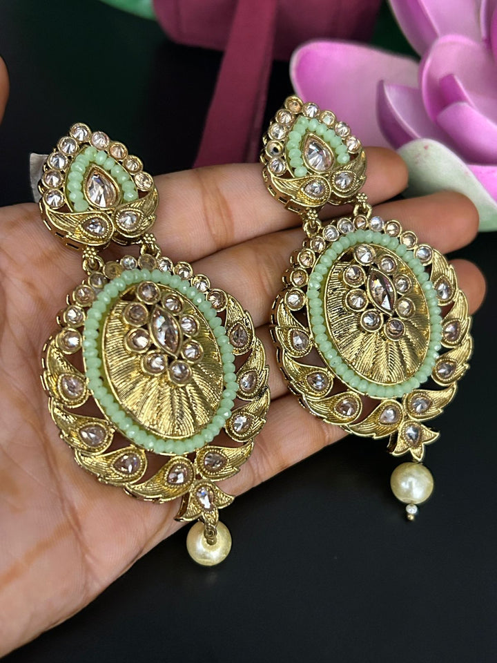 Mint Green Kundan Drop Earrings with Pearl Accent