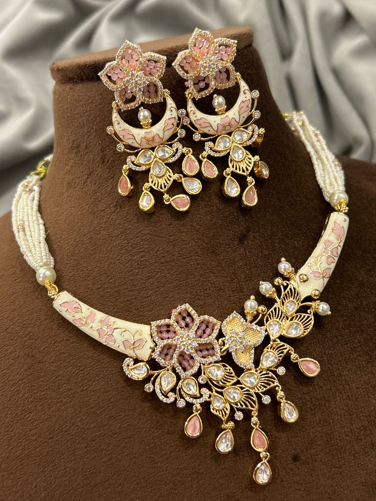Pastel Pink Floral Kundan Necklace Set