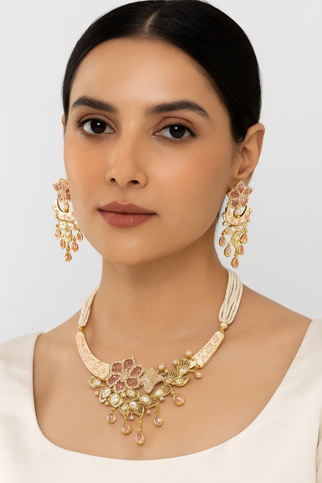 Pastel Pink Floral Kundan Necklace Set