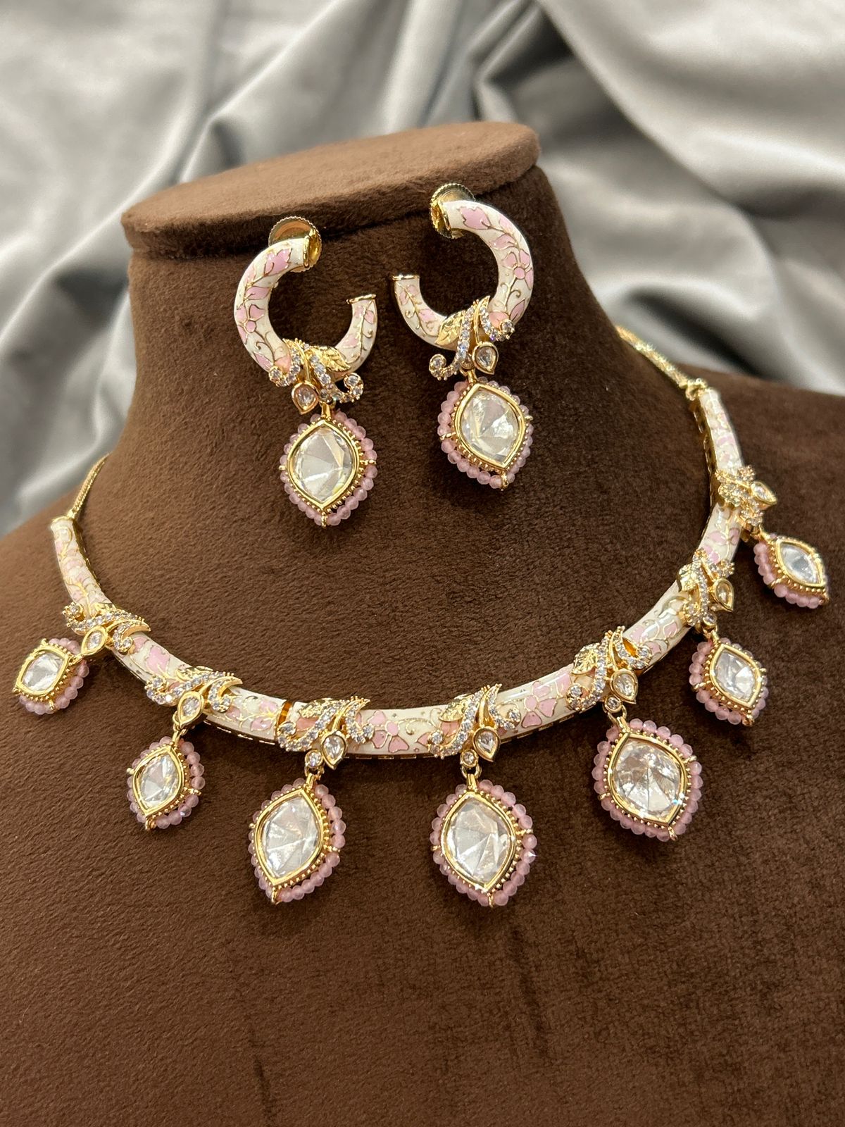 Baby Pink Enamel Diamond Choker Necklace Set