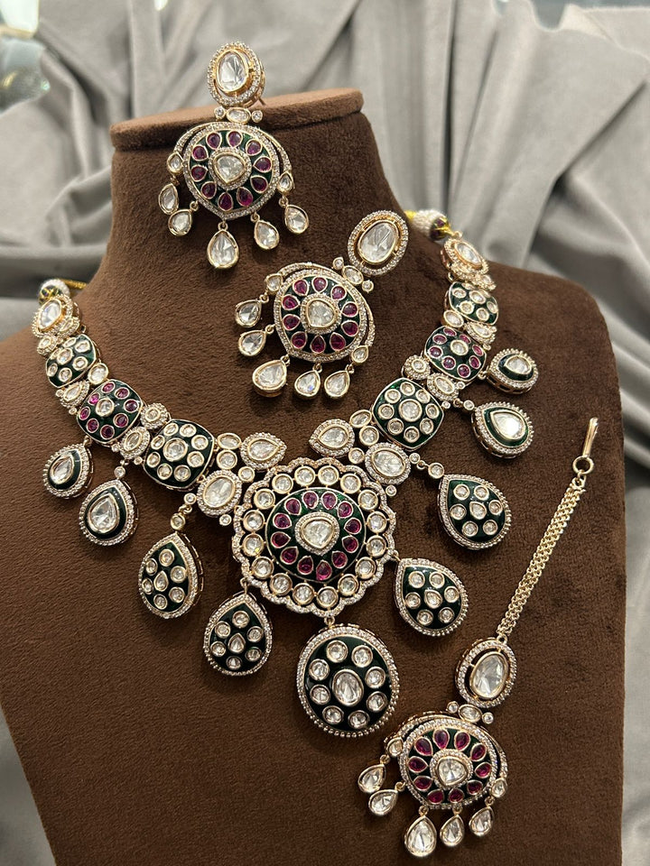 Grand Polki Kundan Bridal Set with Green & Ruby Accents