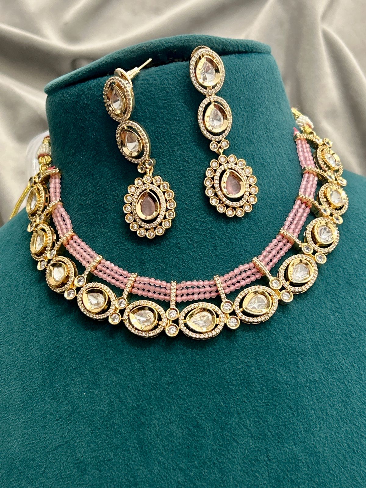 Blush Pink Beaded Kundan Necklace Set