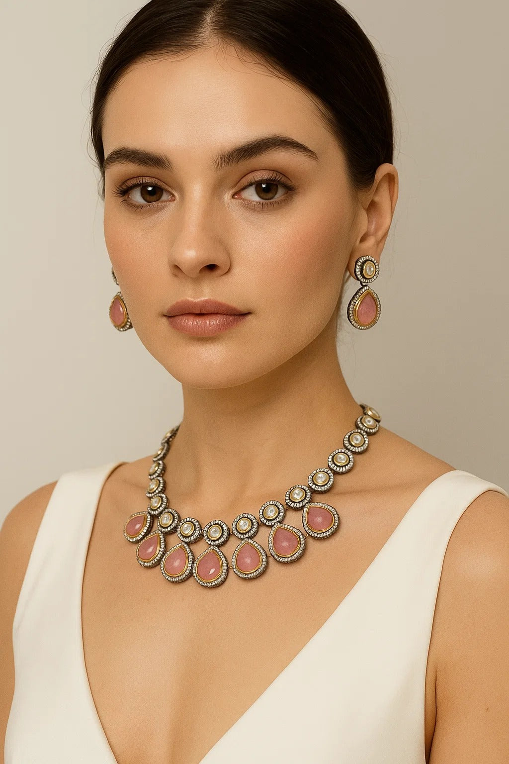 Blush Pink Stone Kundan Necklace Set