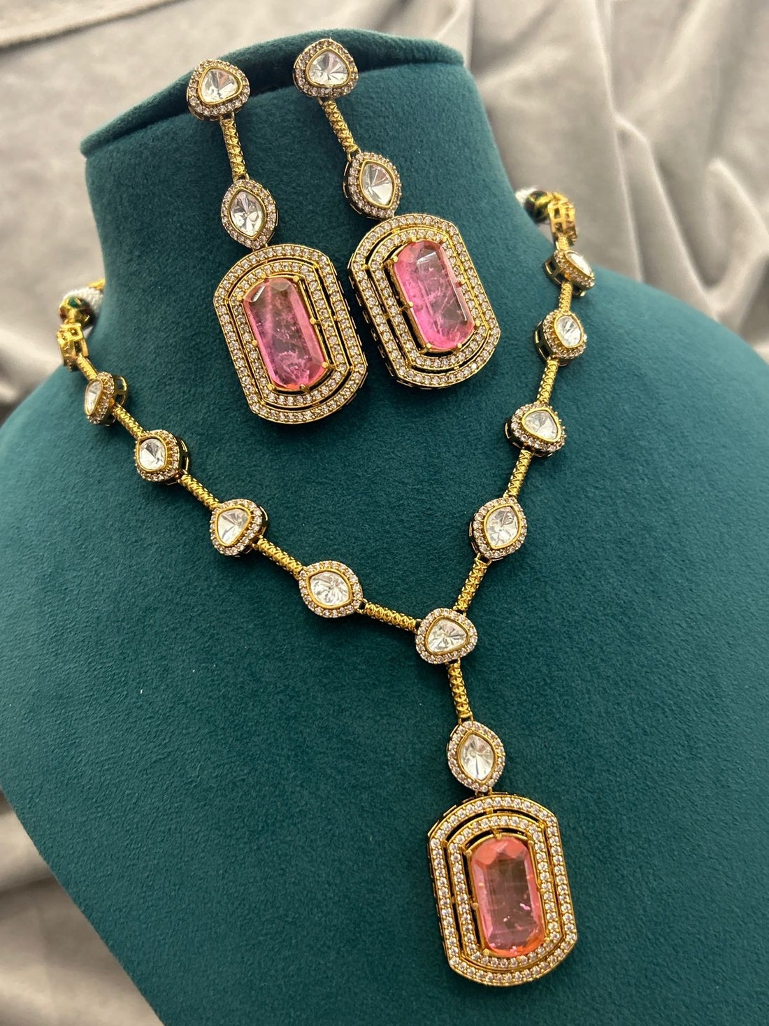 Luxury Pink Stone Necklace Set – Premium American Diamond Finish