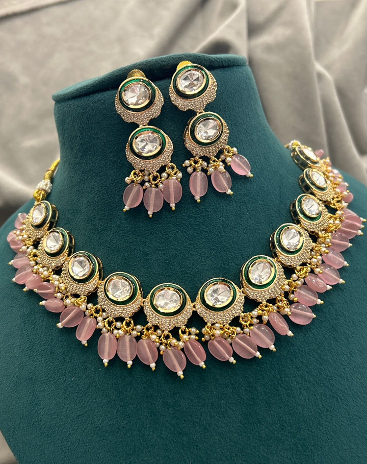 Pastel Pink Beaded Kundan Necklace Set – Elegant Gold & Green Finish