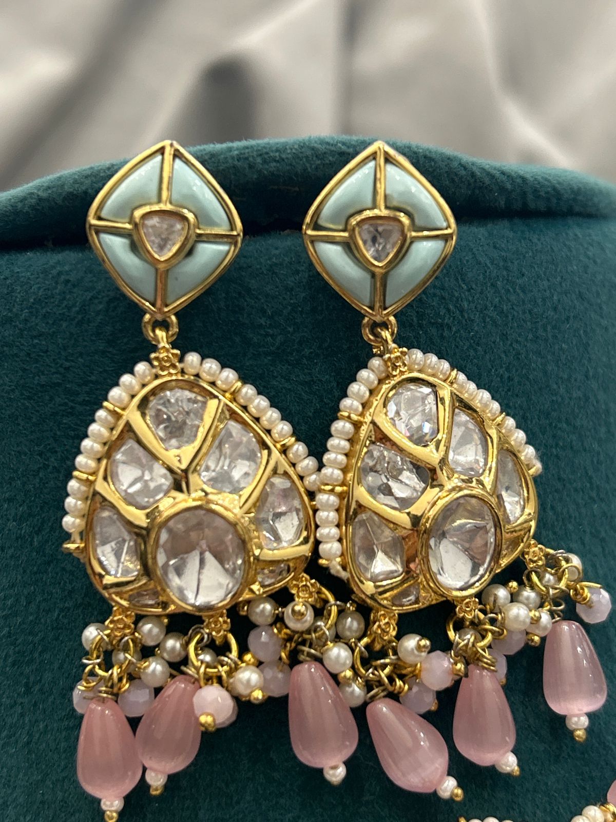 Pastel Pink Kundan Choker Set – Mint Enamel Finish with Beaded Layers