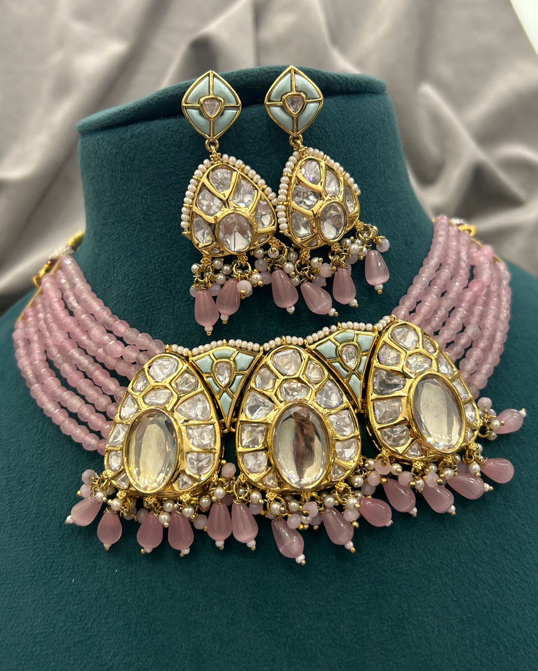 Pastel Pink Kundan Choker Set – Mint Enamel Finish with Beaded Layers