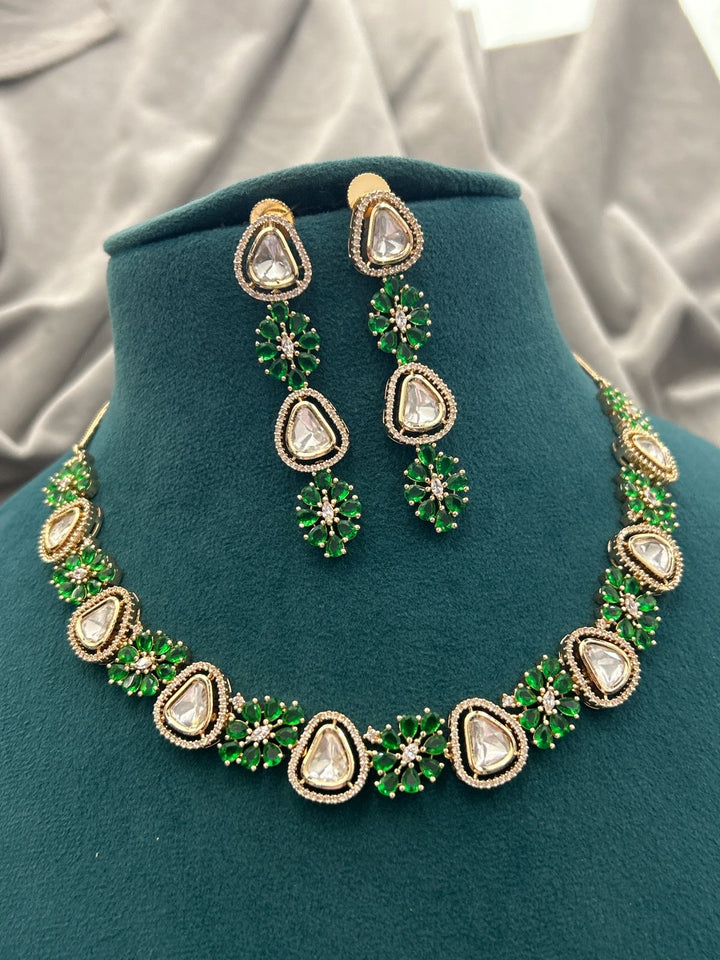 Emerald Green Kundan Necklace Set – Gold Finish with American Diamonds