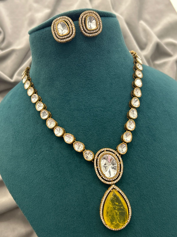 Yellow Stone Pendant Necklace Set – Elegant Gold Finish with American Diamonds