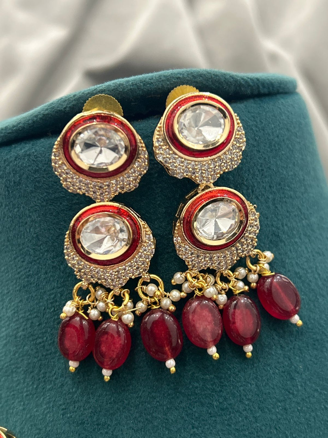 Maroon Beaded Kundan Necklace Set – Gold Finish with American Diamonds