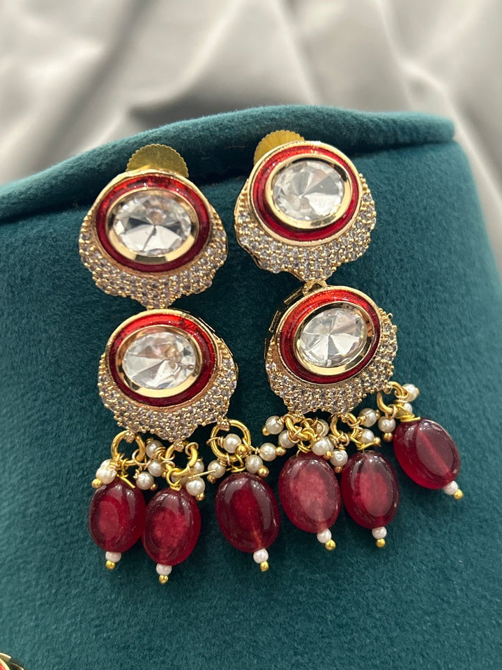 Maroon Beaded Kundan Necklace Set – Gold Finish with American Diamonds