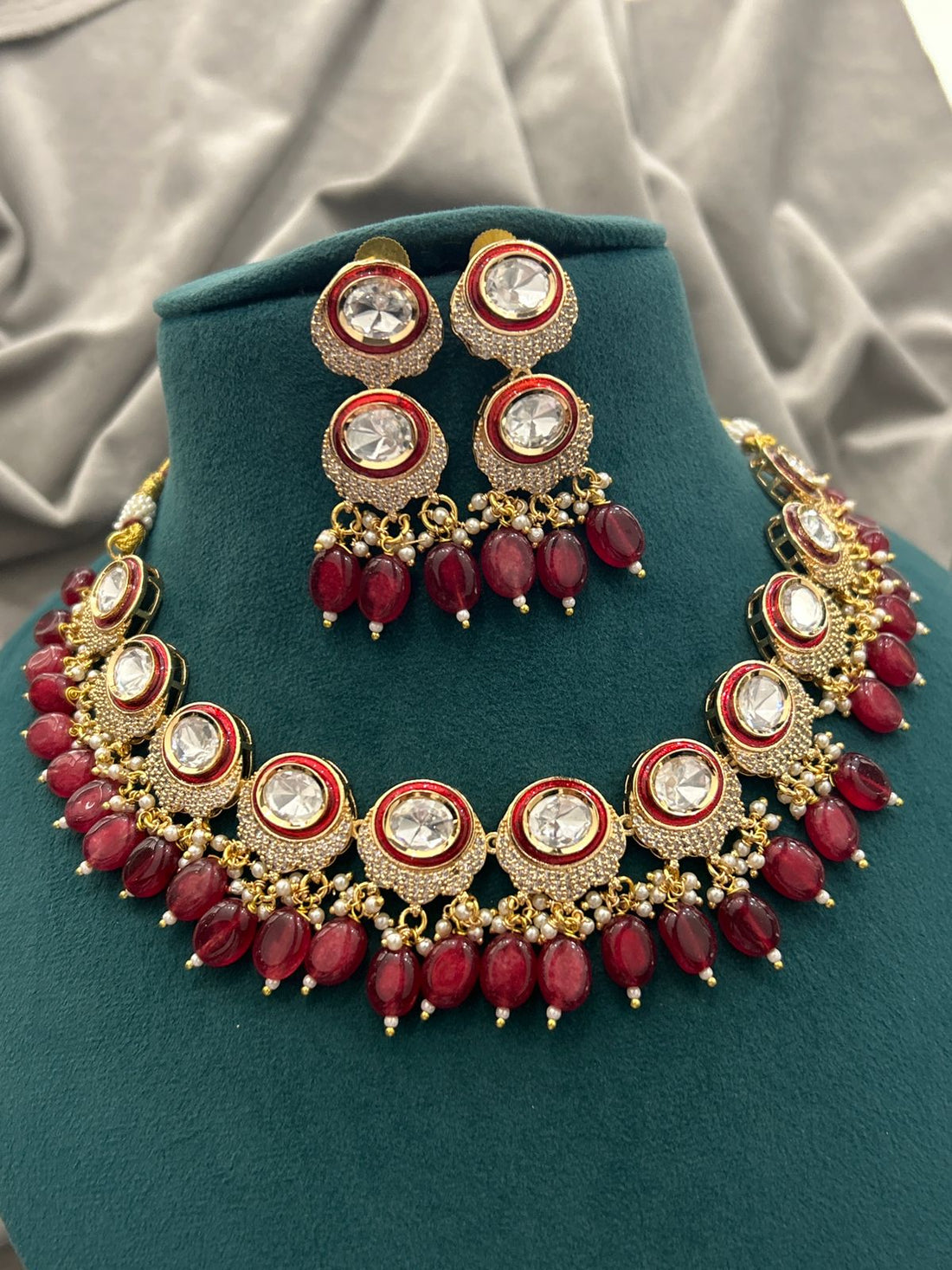 Maroon Beaded Kundan Necklace Set – Gold Finish with American Diamonds
