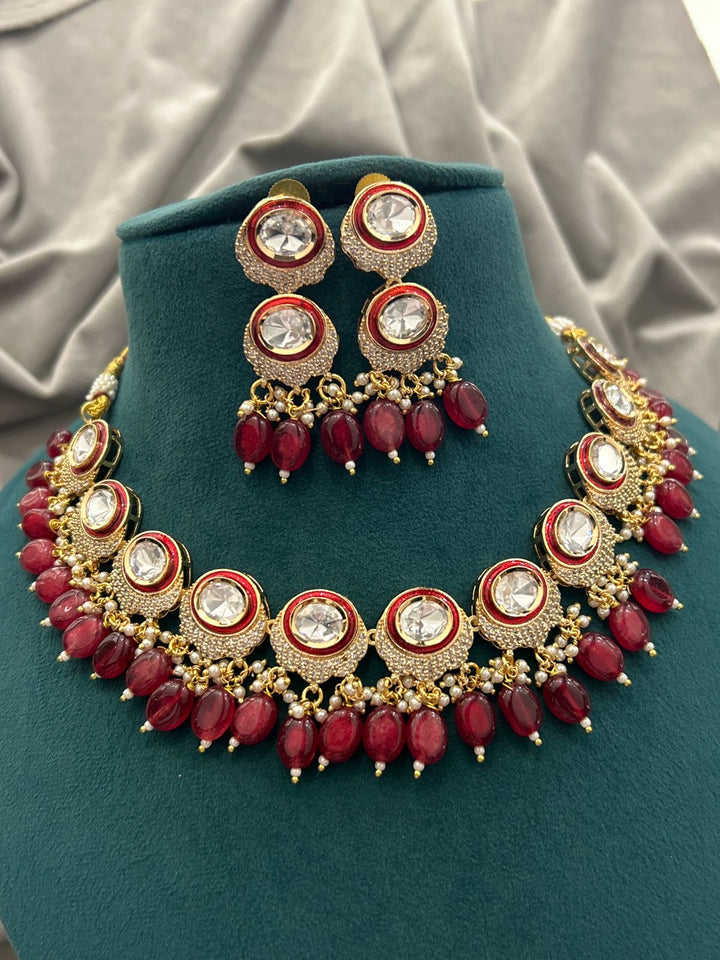 Maroon Beaded Kundan Necklace Set – Gold Finish with American Diamonds