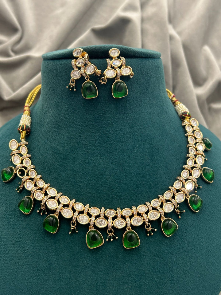 Emerald Green Kundan Necklace Set – Gold Finish with Polki Stones