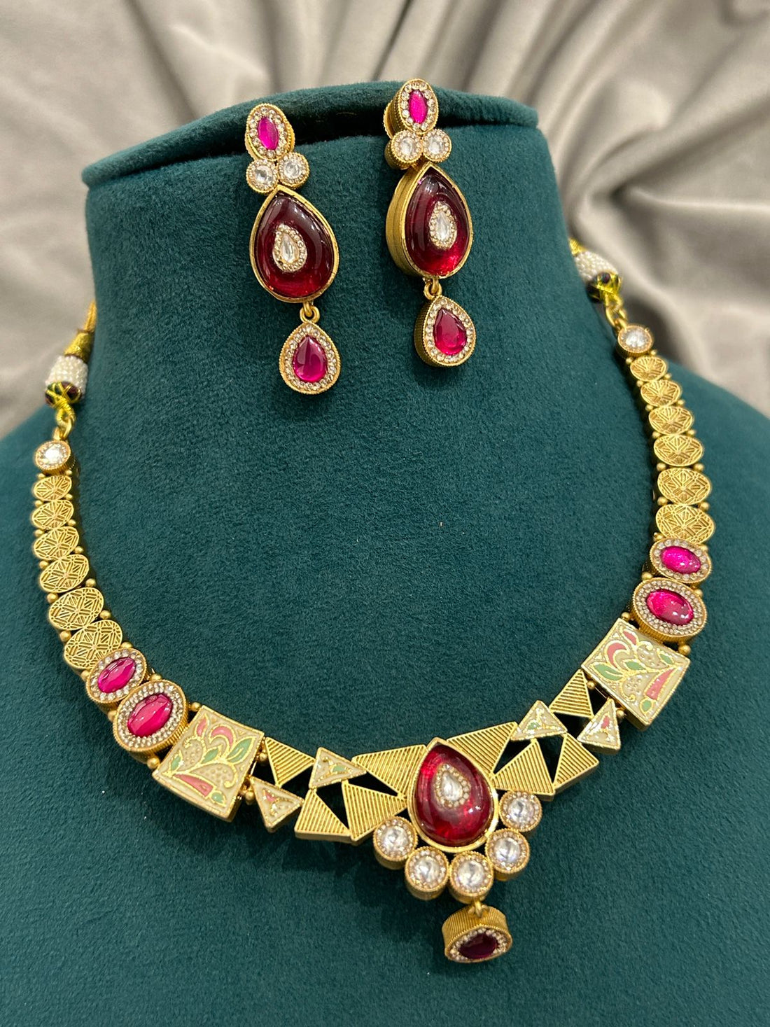 Ruby Kundan Necklace Set – Gold Finish with Enamel Detailing