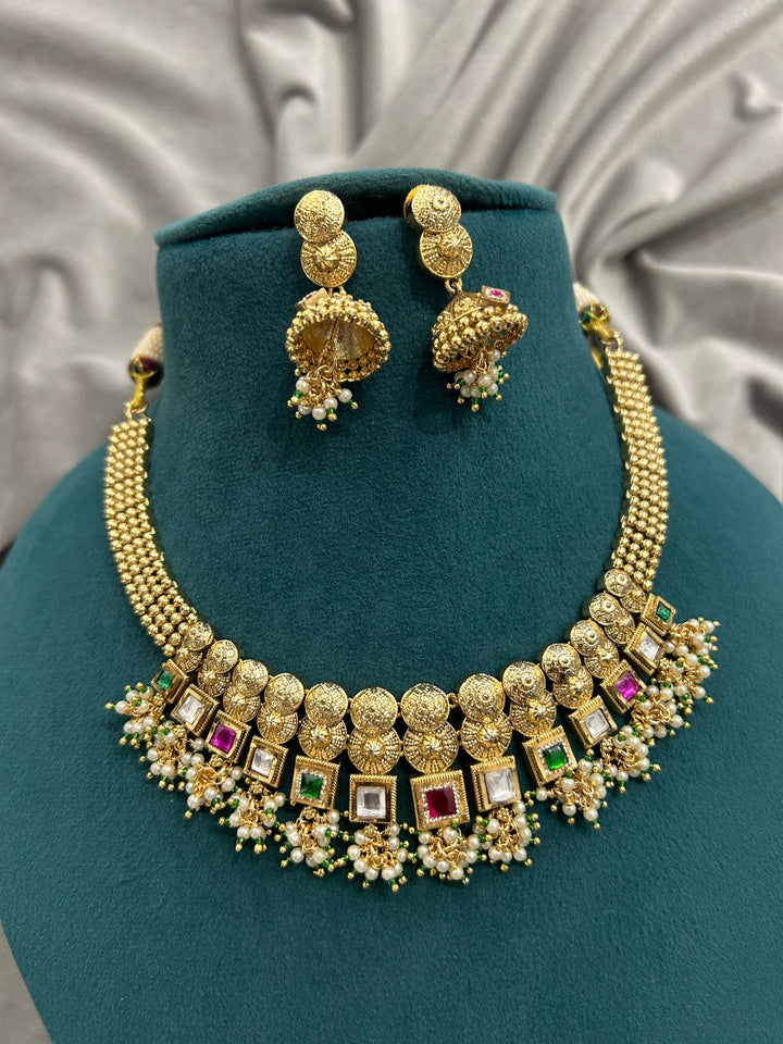 Antique Gold Coin Necklace Set – Kundan Stones with Pearl Detailing